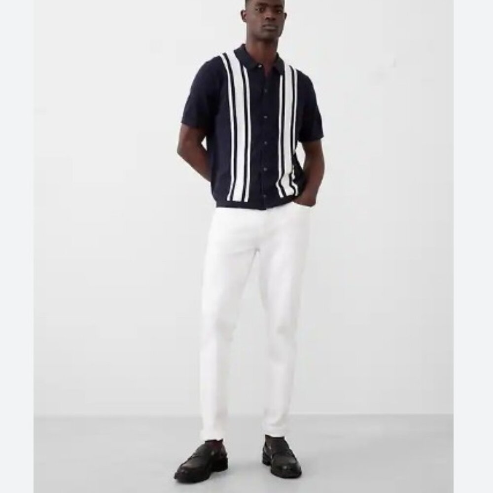 NEW Banana Republic Navy Blue White Button Down Vertical Stripe Polo Knit Men's